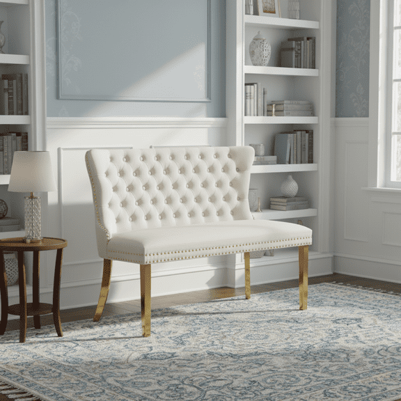 Homy Casa Tufted Velvet Loveseat Bench with Gold Metal Legs for Living Room or Bedroom