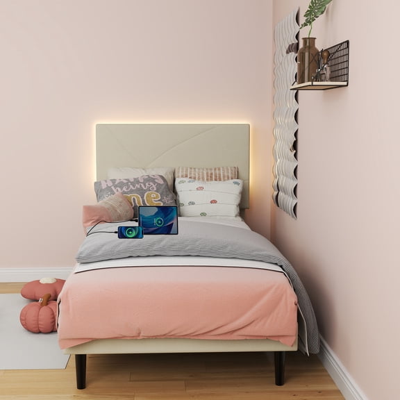 Homy Casa Twin Size Platform Bed Frame with LED Lights and USB Charging Station, Beige Fabric