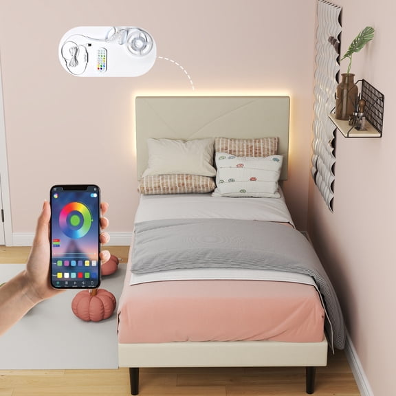 Homy Casa Twin Size Platform Bed Frame with USB Ports Adjustable LED Light Strip Upholstered Headboard, 800 lbs Support Easy Assembly No-Noise, Beige