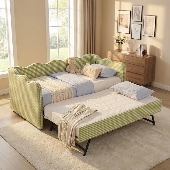 Homy Casa Twin Size Upholstery Multi-functional Daybed with Trundle, Soft Checkered Fabric, Wave-Shaped Frame, USB Port, and Easy-Pull Function for Living Room, Bedroom,No Box Spring Required Green