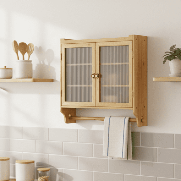 Homy Casa Two-Piece California Vintage Glass Door Wall Cabinet Solid Wood Storage Cabinet 24.8 Inch Natural Color