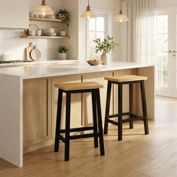 Homy Casa Two-Piece Texas Austin Solid Wood Modern Bar Stools with Footrest, 25.6" Height, Black