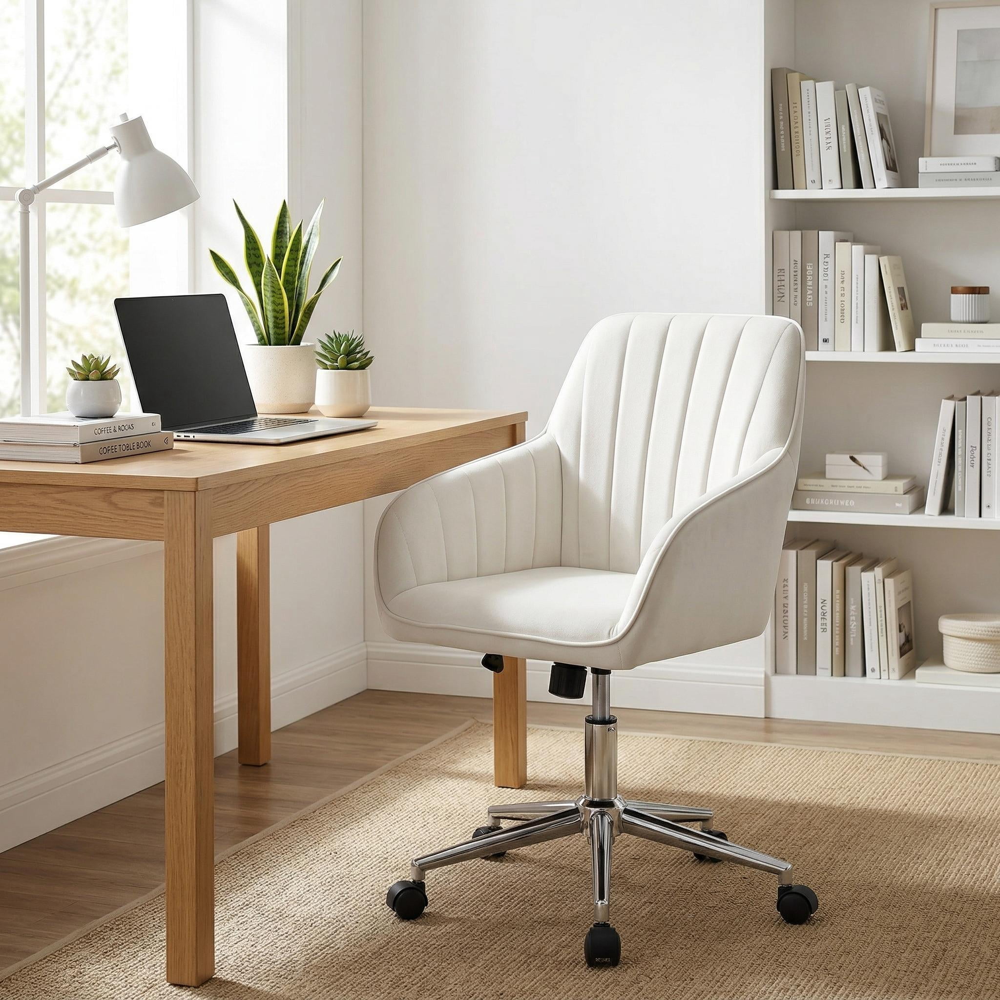 Homy Casa Upholstered Office Chair with Wheels, Adjustable Swivel Vanity Chair for Home Office