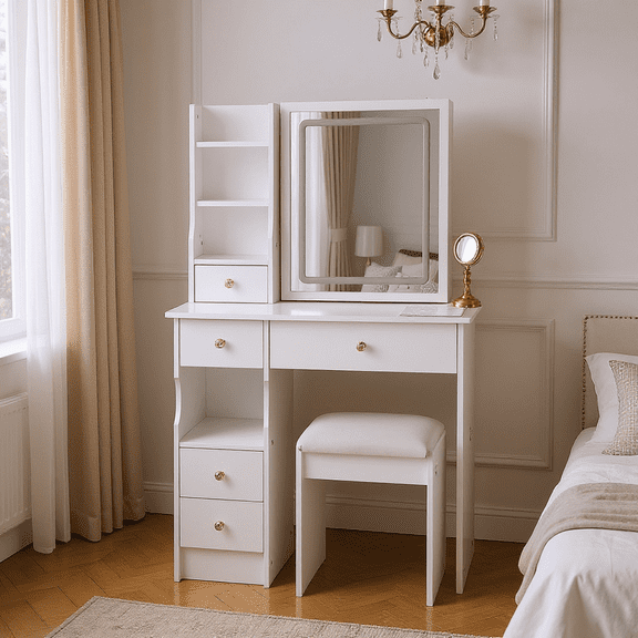 Homy Casa Vanity Desk with LED Lighted Mirror, Makeup Vanity Table with Drawers, Shelves, and Stool