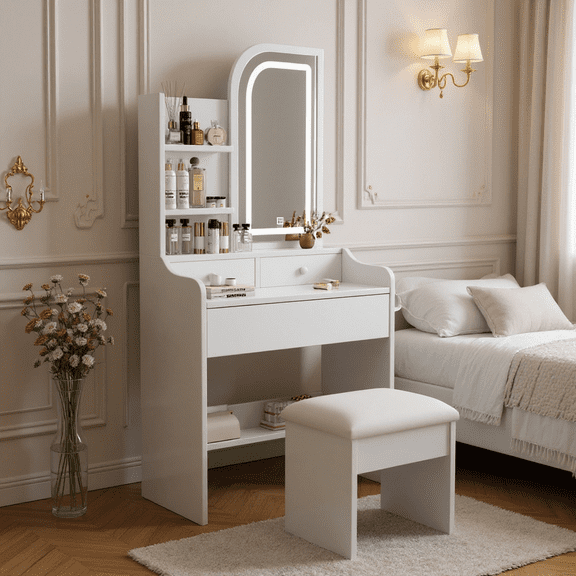 Homy Casa Vanity Desk with LED Lighted Mirror, Stool, Drawer, and Storage Shelves, White