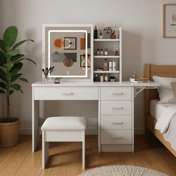 Homy Casa Vanity Desk with LED Lighted Mirror, Stool, Drawers and Shelves, 3-Color Dimmable Lighting