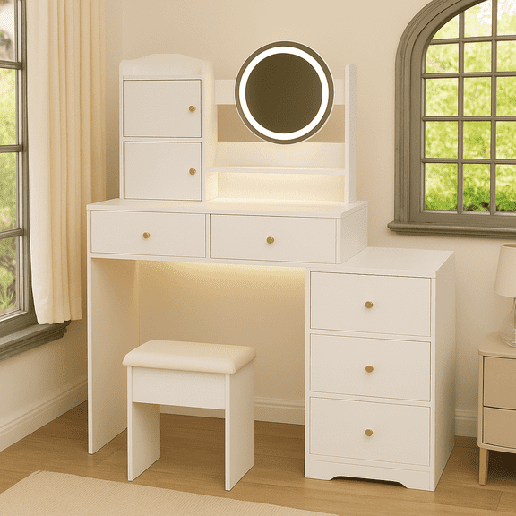 Homy Casa Vanity Desk with Lighted Mirror & Cushioned Stool, Makeup Table Set for Bedroom, White