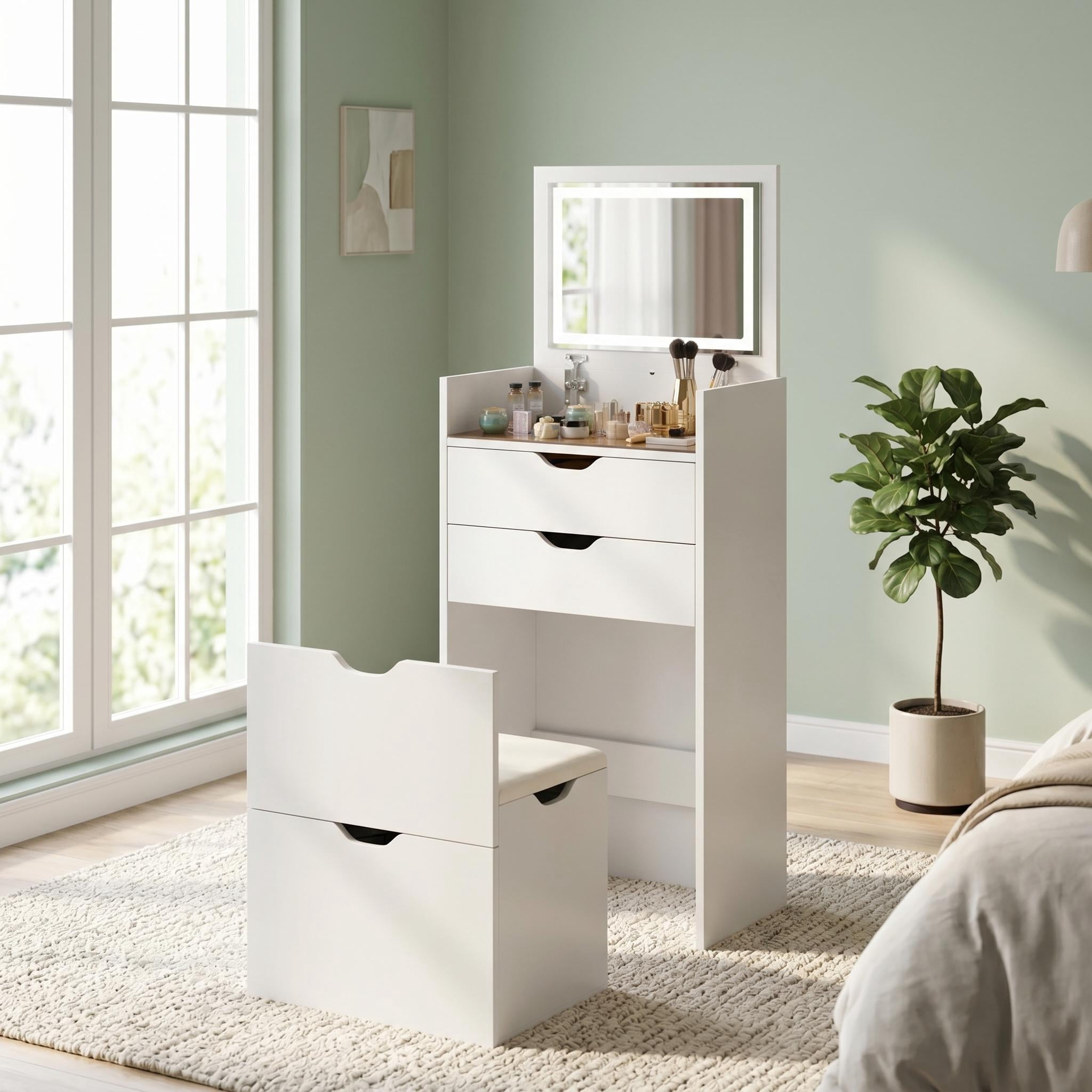 Homy Casa Vanity Table & Bench Set with Flip-Up LED Mirror, Storage Stool, White