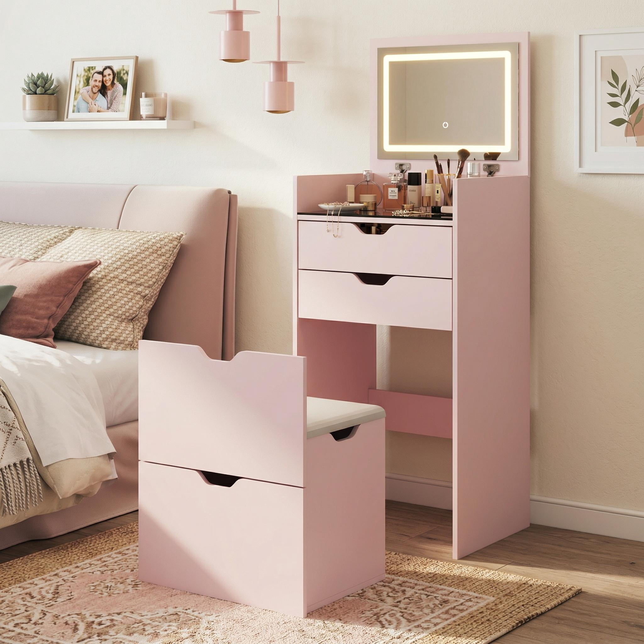 Homy Casa Vanity Table & Bench Set with Flip-Up Lighted Mirror, Drawers & Stool, Pink
