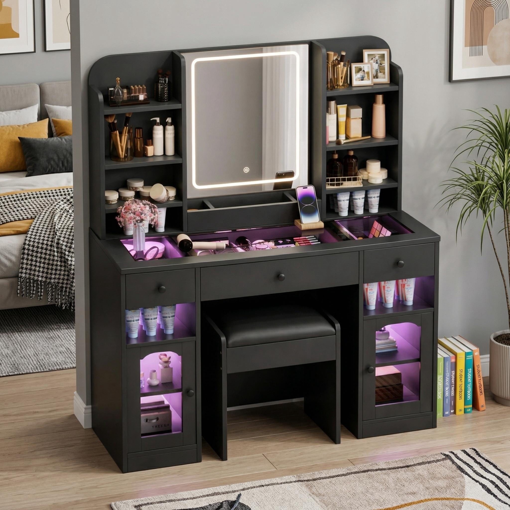 Homy Casa Vanity Table & Bench Set with Lighted Mirror, RGB Lights & Charging, Black