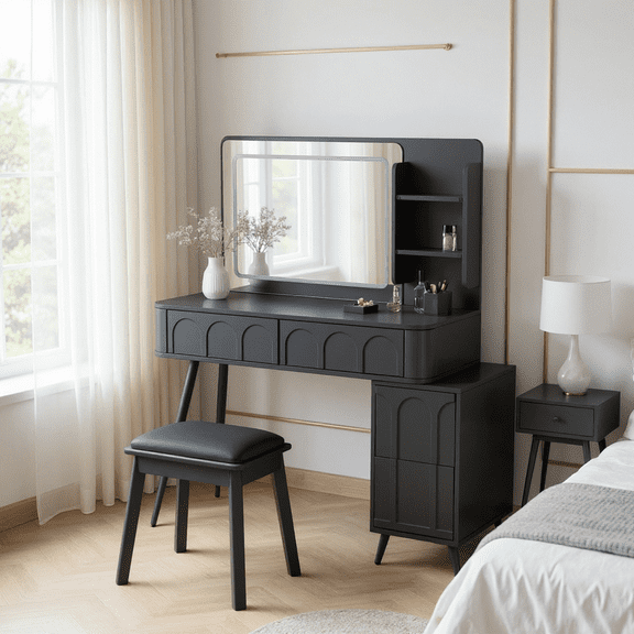 Homy Casa Vanity Table Set with LED Mirror, 4 Drawers & Stool, Adjustable Brightness, Black