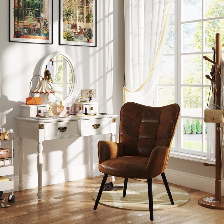 Homy Casa Wingback Vanity Chair Upholstered Armchairs Ideal for Bedroom, Makeup Room, or Dressing Table, Brown