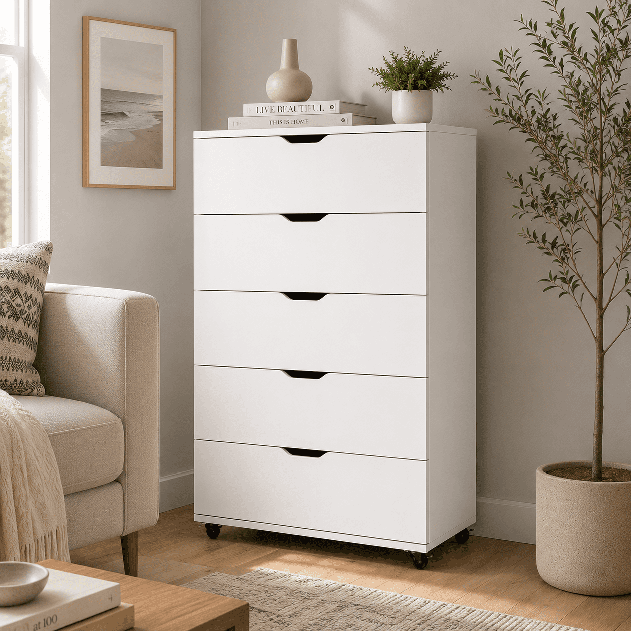 Homy Casa White 5 Drawer Dresser on Wheels for Bedroom Closet Office Storage