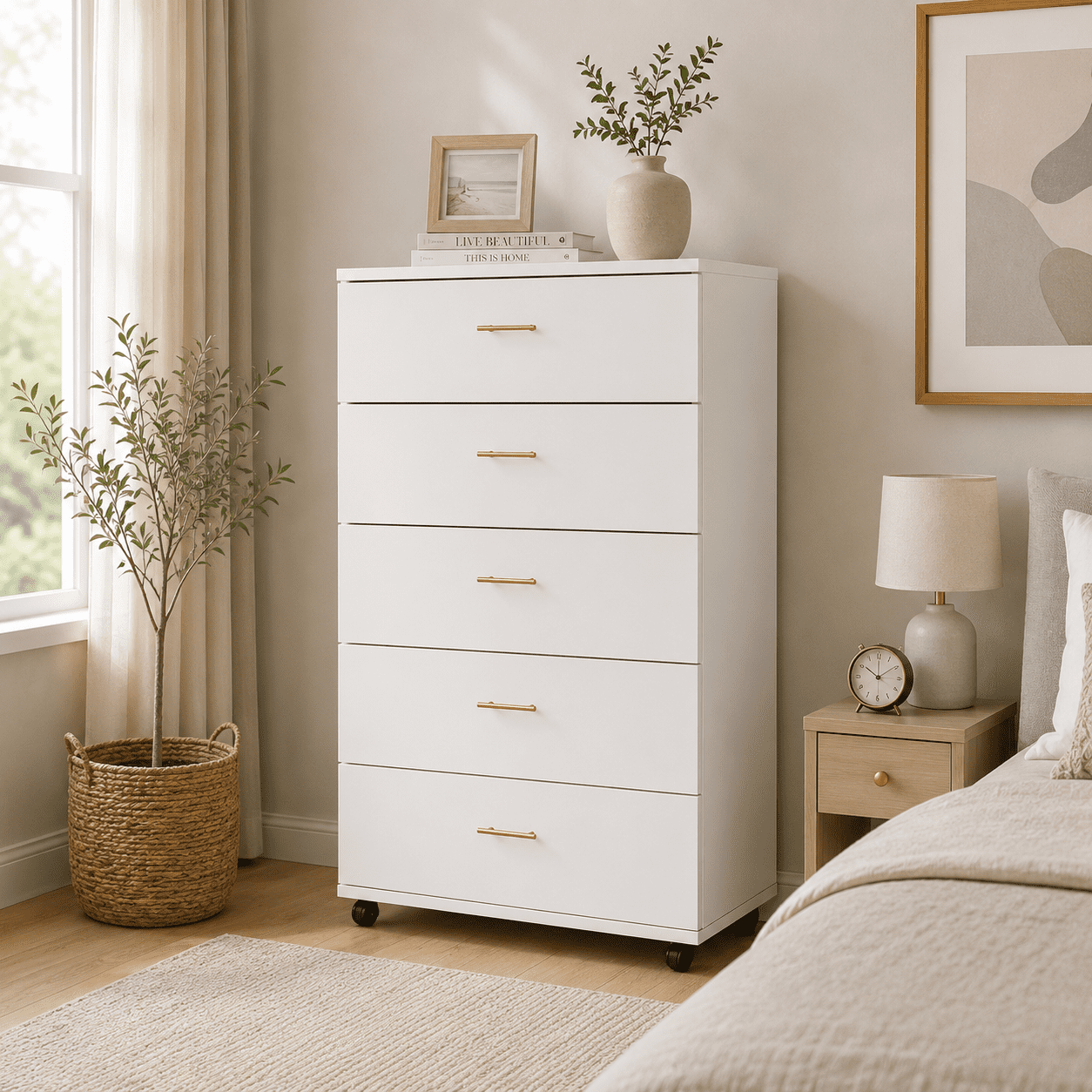 Homy Casa White 5 Drawer Dresser with Gold Handles for Bedroom Nursery
