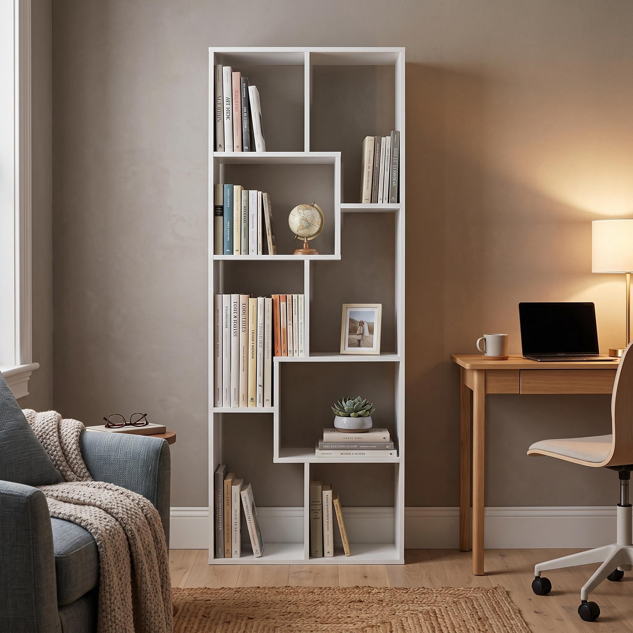 Homy Casa 71" Tall Geometric Bookcase, Open Display Shelf for Living Room & Home Office, White