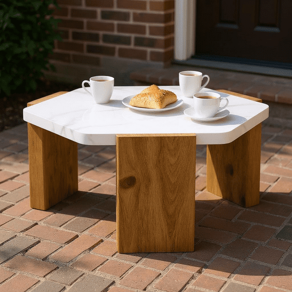 Homy Casa White Hexagon Outdoor Dining Table for Patio Garden, Faux Marble Top, Modern Low Table