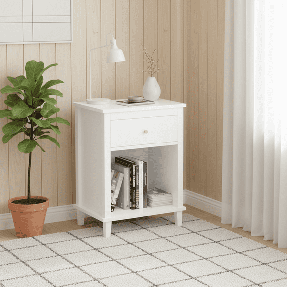Homy Casa White Nightstand with Drawer and Open Shelf, Small Bedside Table for Bedroom Kids Room
