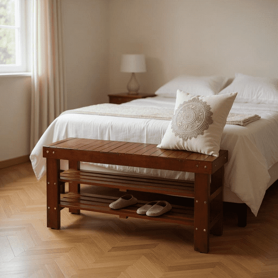 Homy Casa Wooden End of Bed Bench for Bedroom Seating and Shoe Storage, Cherry