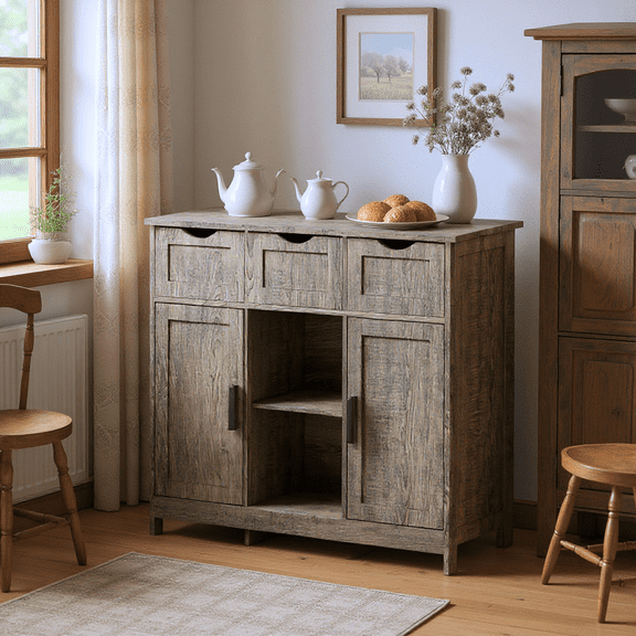 Homy Casa Wooden Storage Cabinet with Drawers and Adjustable Shelves, for Dining Room, Kitchen, Gray