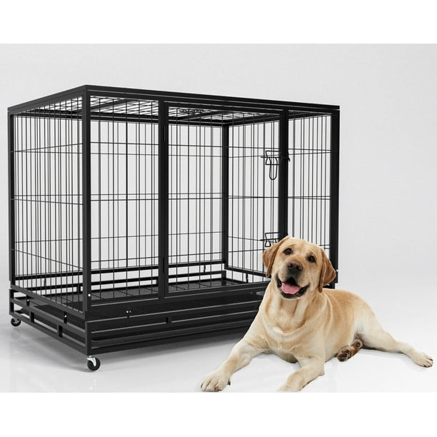 Homy Grigio 42 inch Heavy Duty Indestructible Dog Crate Escape Proof Dog Cage Kennel with Lockable Wheels High Anxiety Double Door Dog Crate Extra Large Crate Indoor for Large Dog Walmart Business Sup...