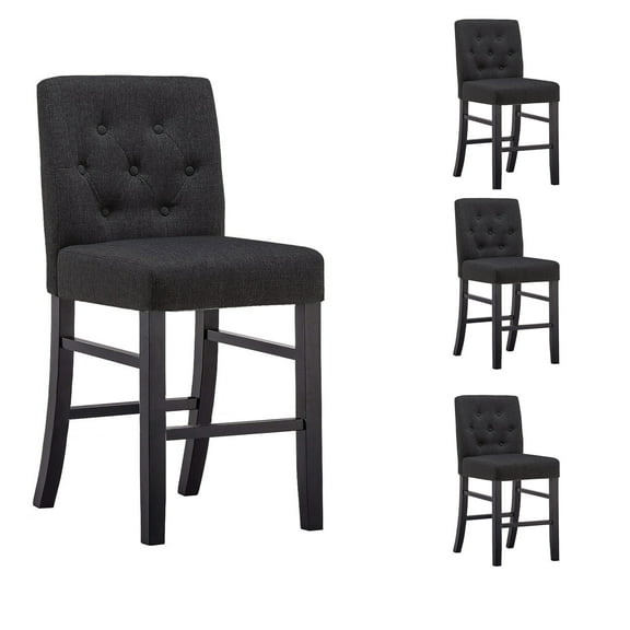 Homy Grigio Charcoal Fabric Tufted Modern Upholstered 24 inch Bar Stools with Full Back and Black Solid Wood Legs sets of 4