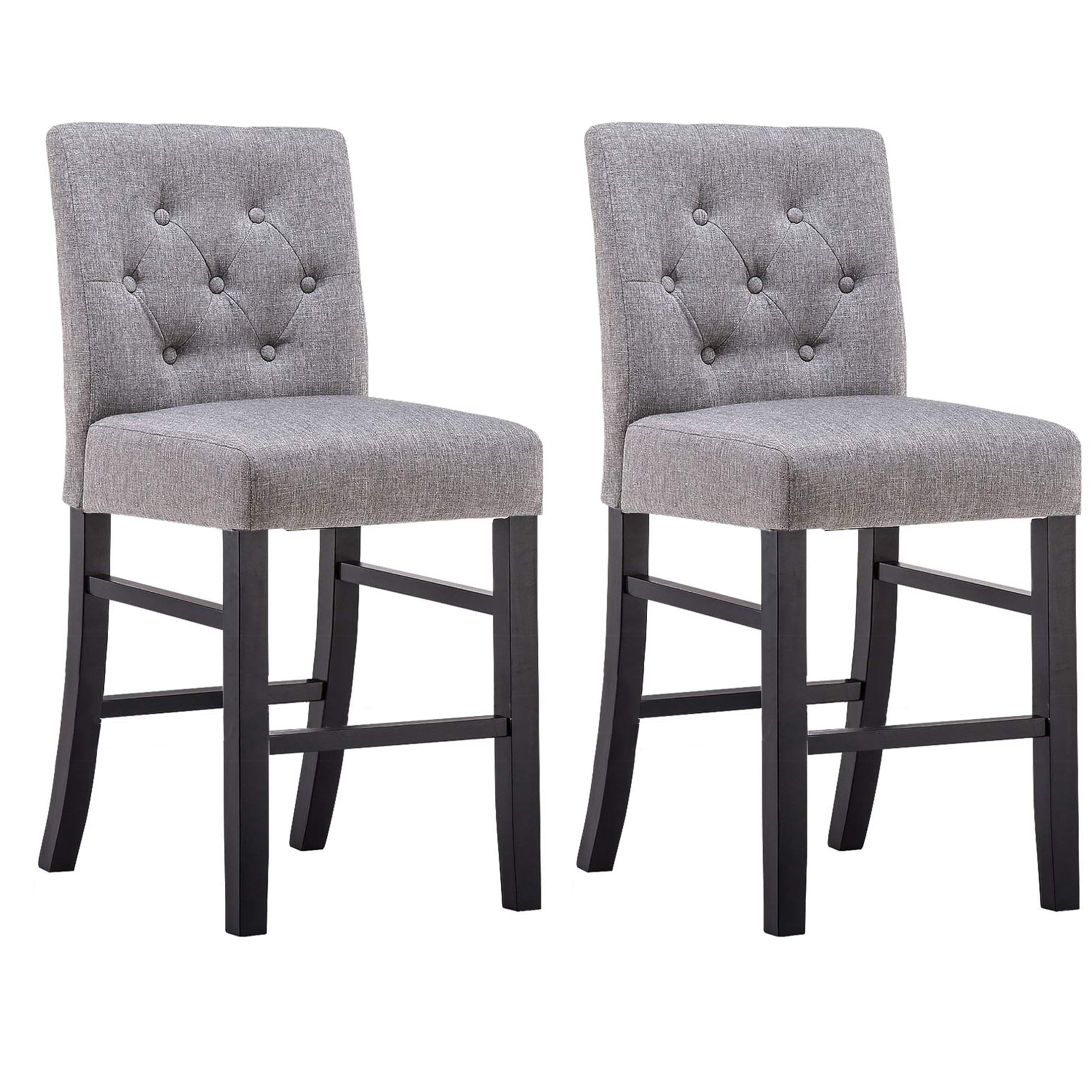 Gray Upholstered Tufted 24-Inch Bar Stools with Wood Legs, Set of 2