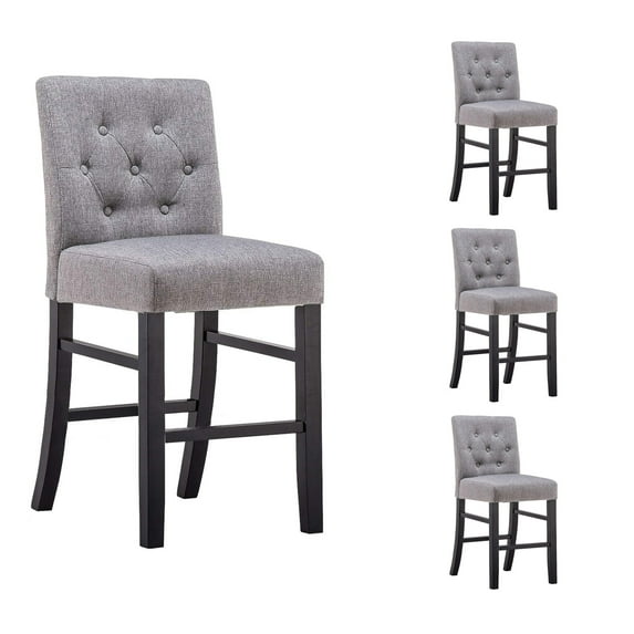 Homy Grigio Gray Fabric Tufted Modern Upholstered 24 inch Bar Stools with Full Back and Black Solid Wood Legs sets of 4