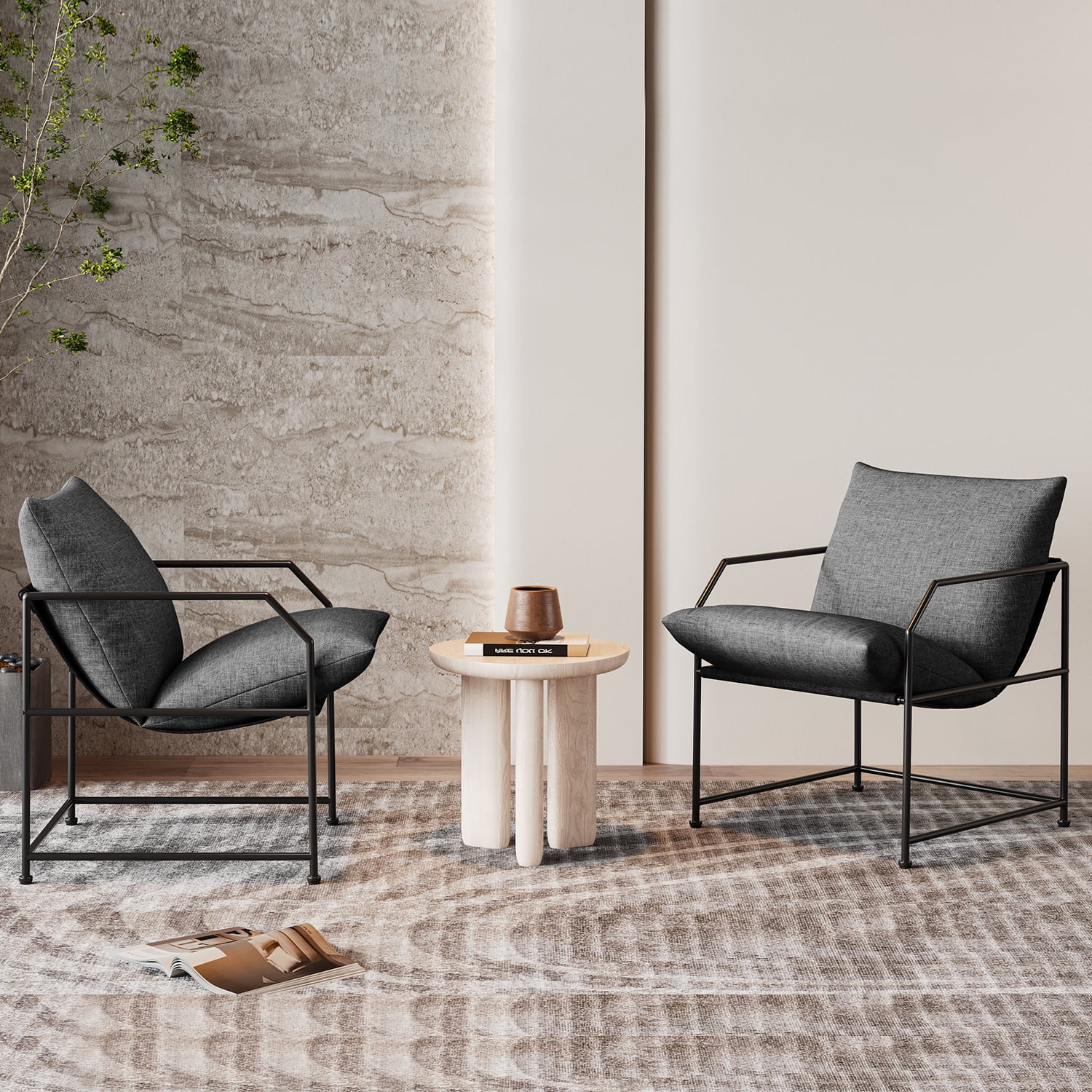 Homy Grigio Mid Century Modern Sling Accent Chair with Metal Frame, Gray (Set of 2) Homy Grigio Mid Century Modern Sling Accent Chair with Metal Frame, Gray (Set of 2)