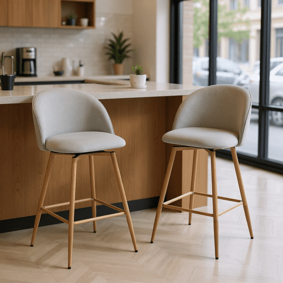 Homy Casa Set of 2 Upholstered Counter Bar Stools with 26 Inch Seat Ergonomic Curved Back and Metal Footrest for cafe counters and light dining bars and small bistros