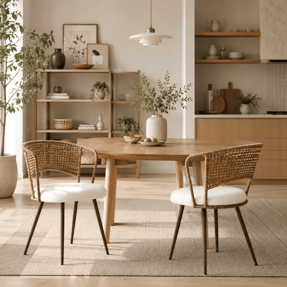 HomyCasa Wicker Dining Chairs Set of 2, Cane Back Kitchen Chairs with Dark Walnut Legs, Beige Cushion