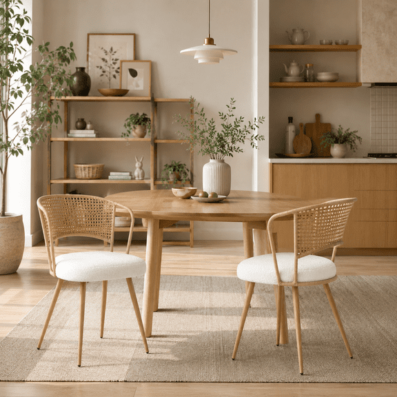 HomyCasa Wicker Dining Chairs Set of 2, Cane Back Kitchen Chairs with Natural Wood Legs, Beige Cushion