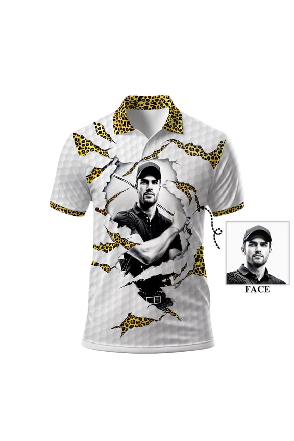 Custom Face Golf Polo Shirt for Men – Leopard Print Design with Birdie Eagle Par