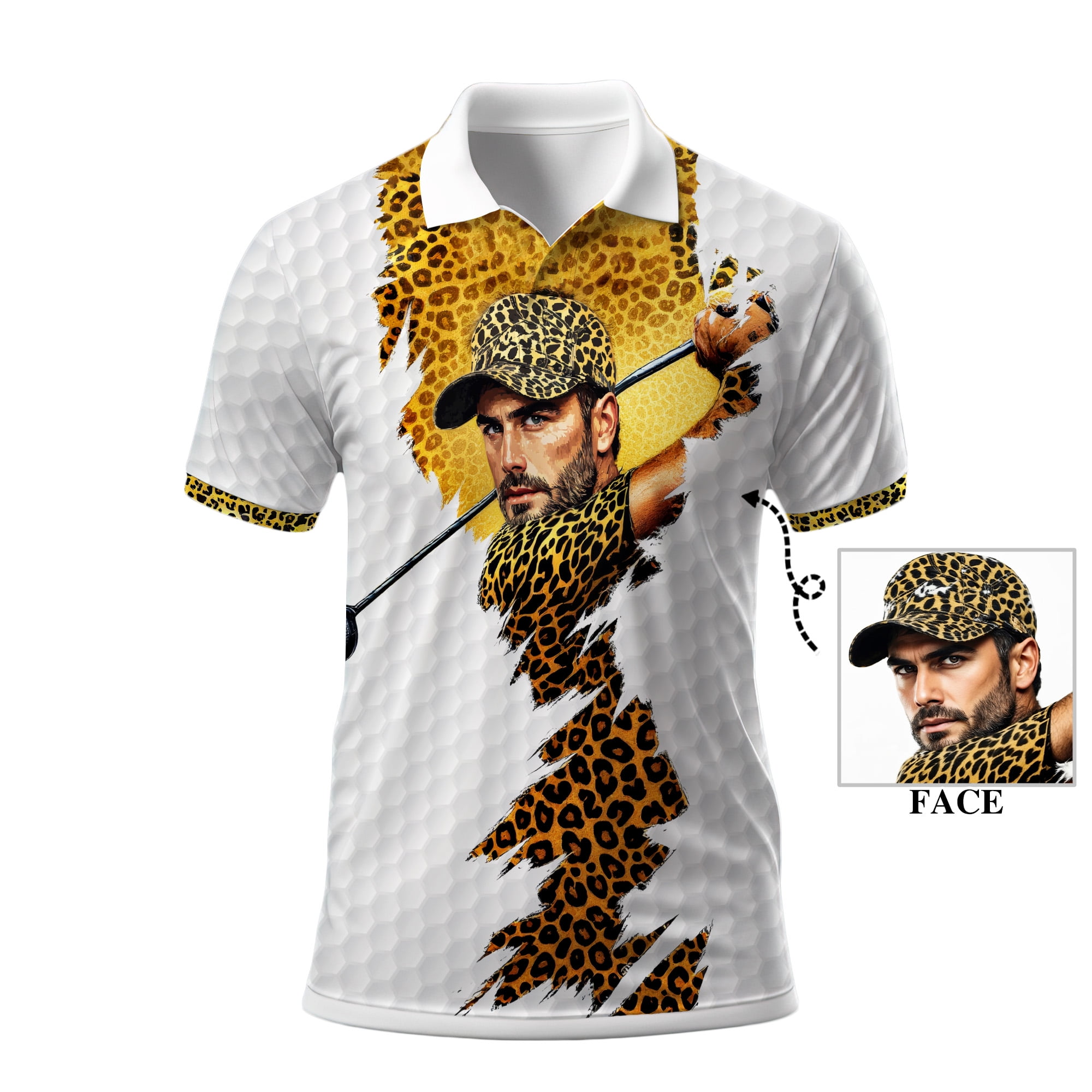 HOMYGIFTS Custom Face Golf Polo Shirt for Men – Leopard Print Design ...
