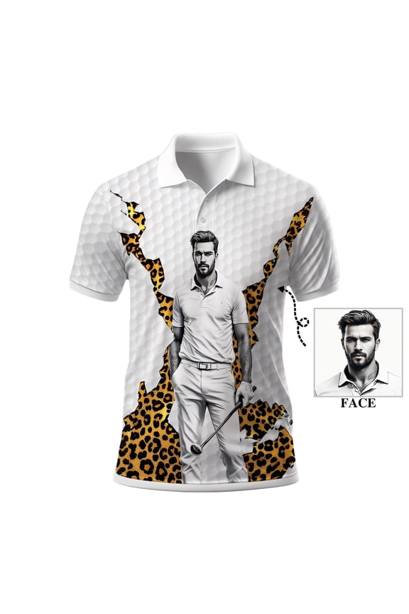 Custom Face Golf Polo Shirt for Men – Leopard Print Design with Birdie Eagle Par