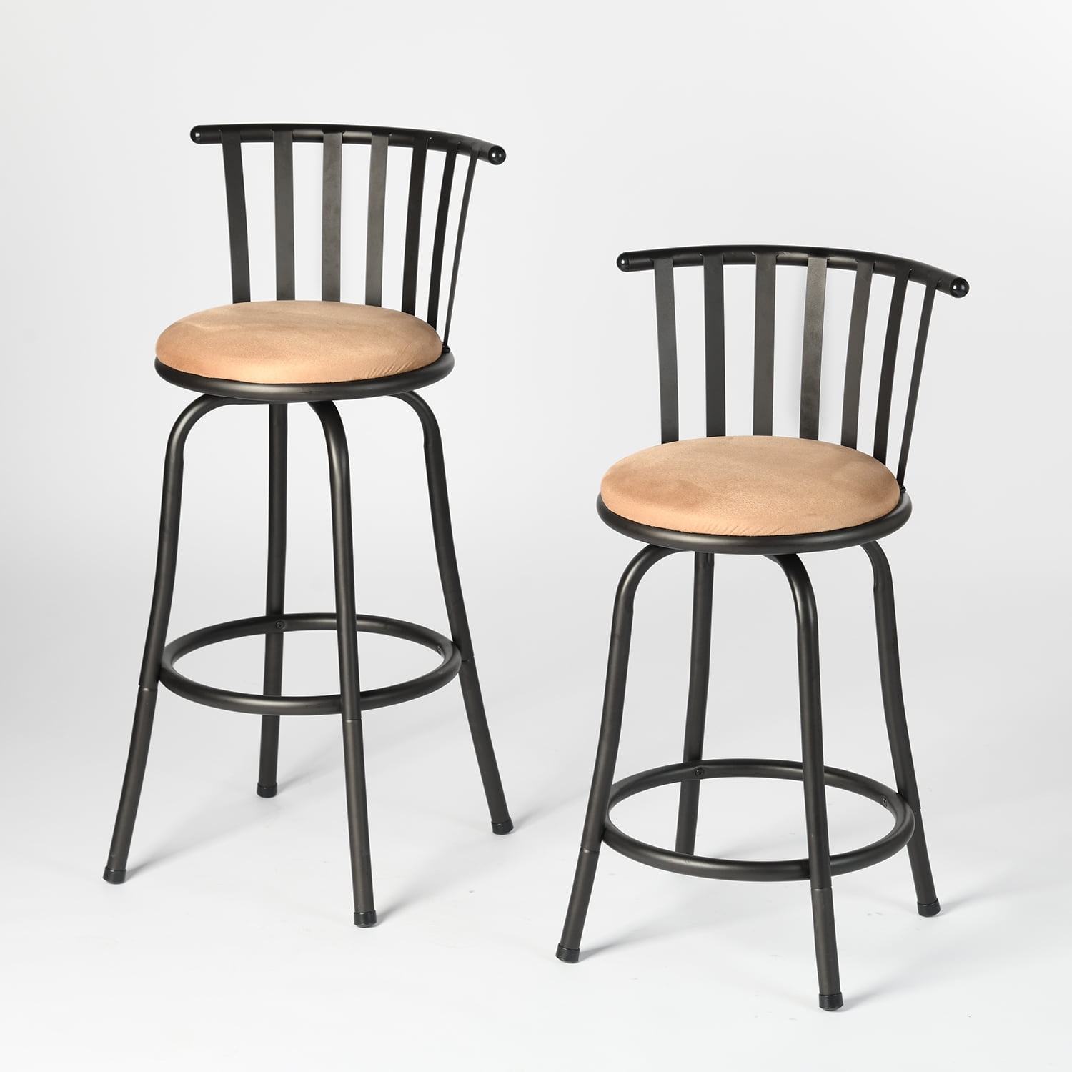 Adjustable Black Metal Swivel Barstools with Beige Suede Seats, Set of 2