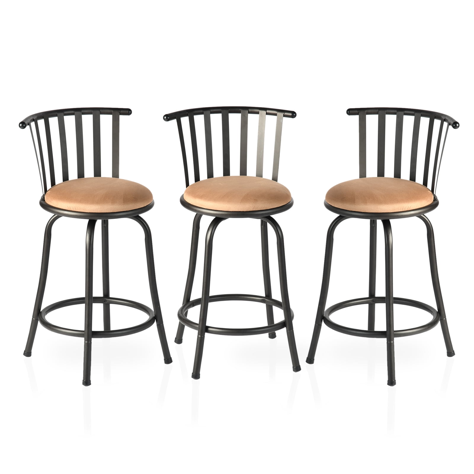 Set of 3 Beige Suede Swivel Counter Barstools with Black Metal Frame