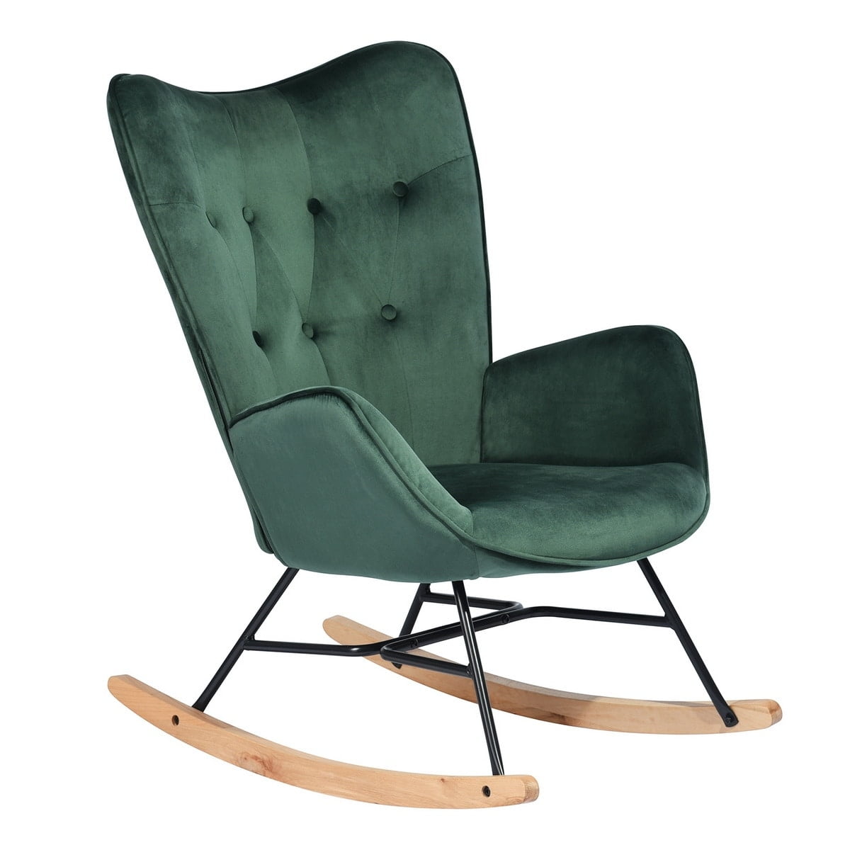 Green Velvet Tufted Rocking Chair with Wooden Base
