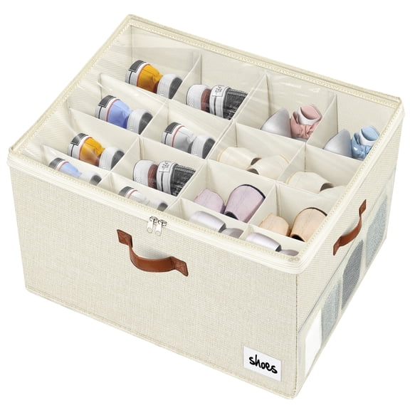 Homyfort 16-Compartment Foldable Shoe Box with Adjustable Partitions, Beige Holds up to 16 Pairs