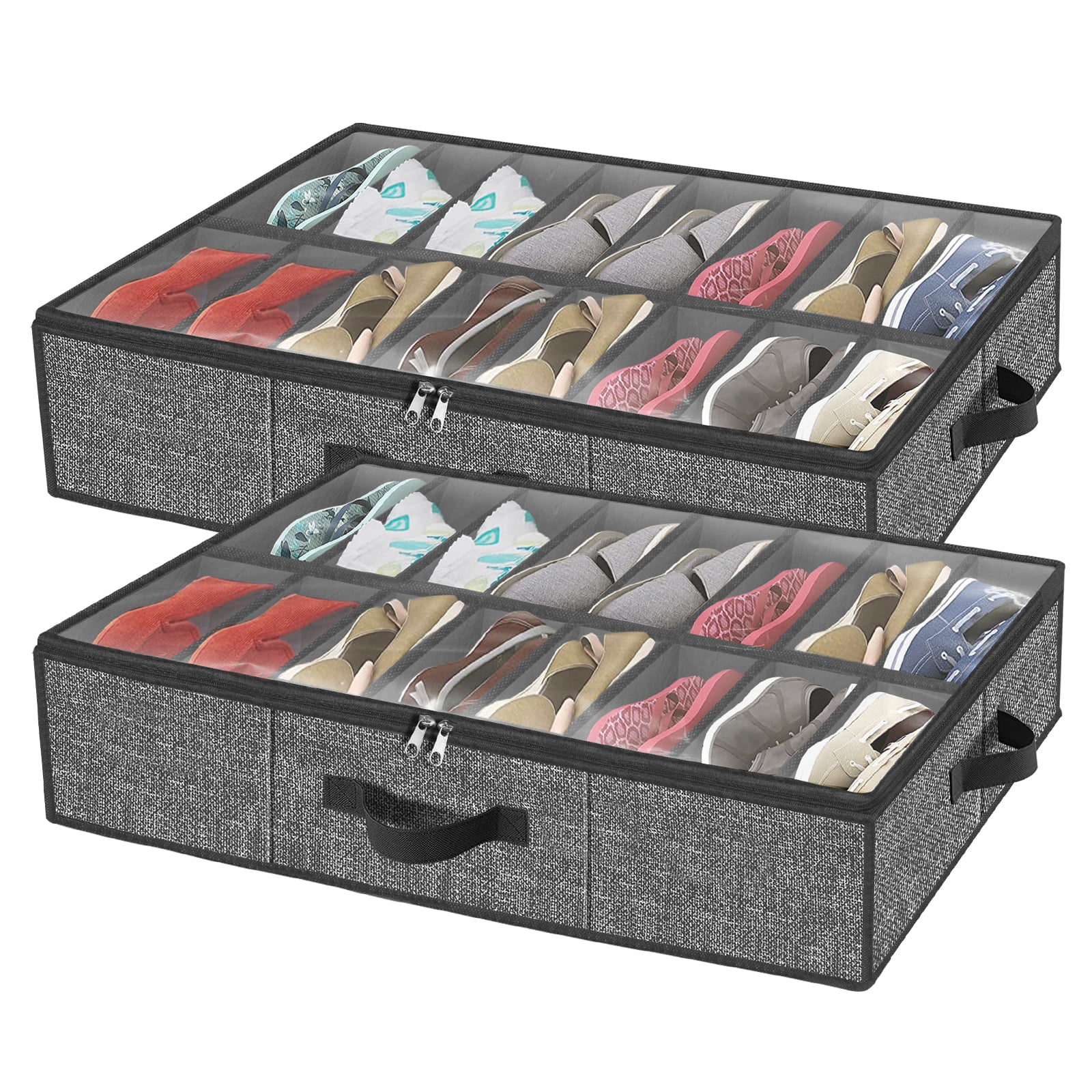 Homyfort 32 Pairs Under Bed Shoe Storage Organizer , Foldable Underbed Shoes Rack Container Box with Clear Window Handles for Men ,Women ,Kids (Rhombus Gray)