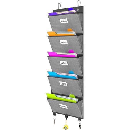 Homyfort Over the Door File Organizer, Hanging File Folders, Wall Organizers and Storage for Mail, Magazine, Notebooks, Planners, Office, Classroom, 5 Extra Large Pockets,Black.