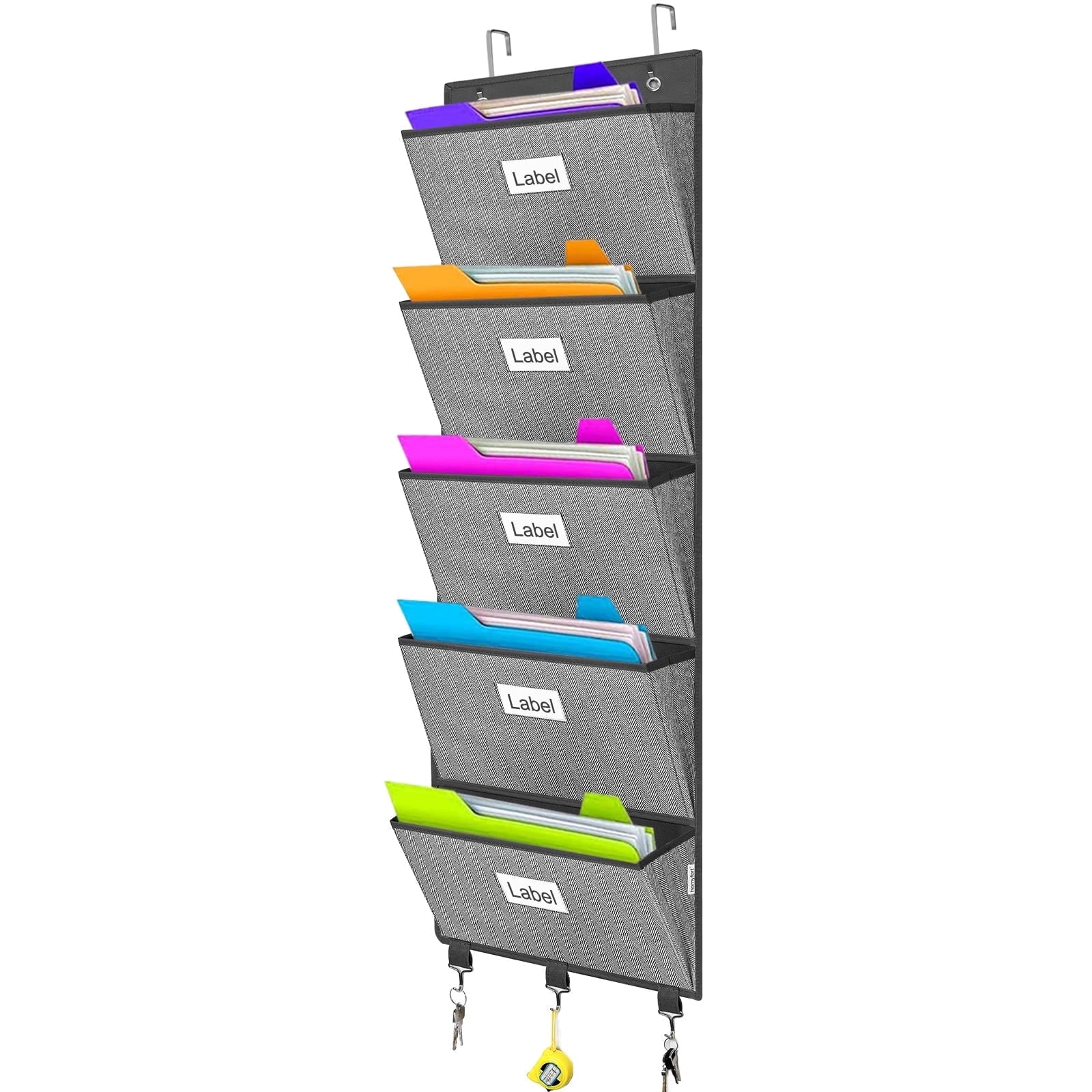 GDinDinFan Wall File Organizer - 5 Pocket Mesh Hanging Document Holder, Vertical Tier, Silver - View #12