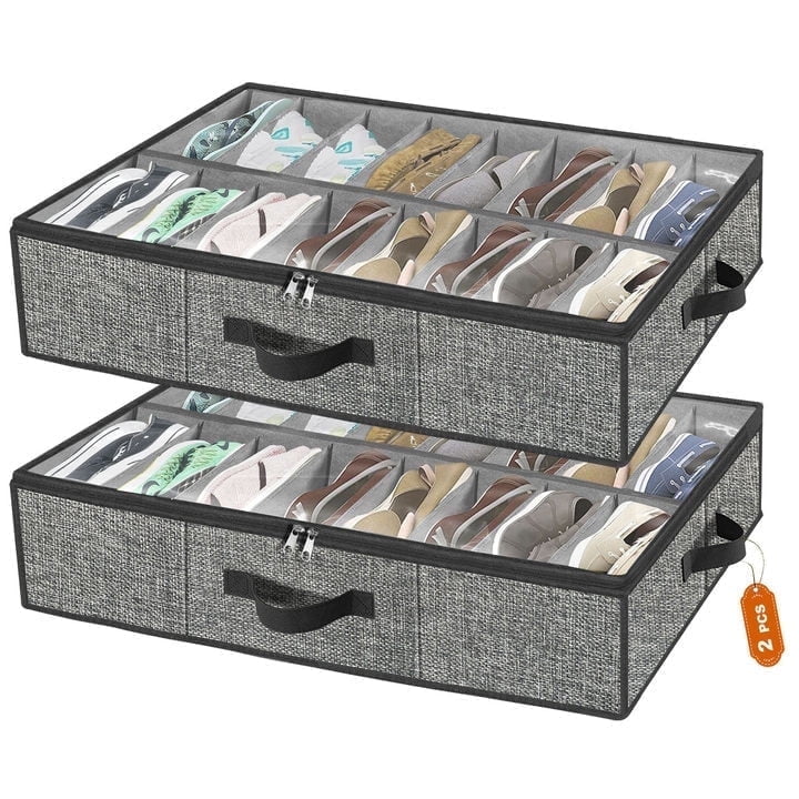 Homyfort Shoe Storage Organizer Under Bed, 2 Pack Fits 32 Pairs, Extra Large Shoe Container, Breathable Fabric Underbed Storage for Sneakers, Slippers, Closet, Grey