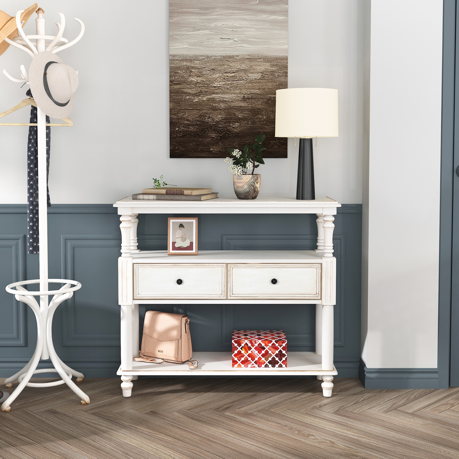 Homylin 44" French Country Console Table with 2 Drawers and 3 Open