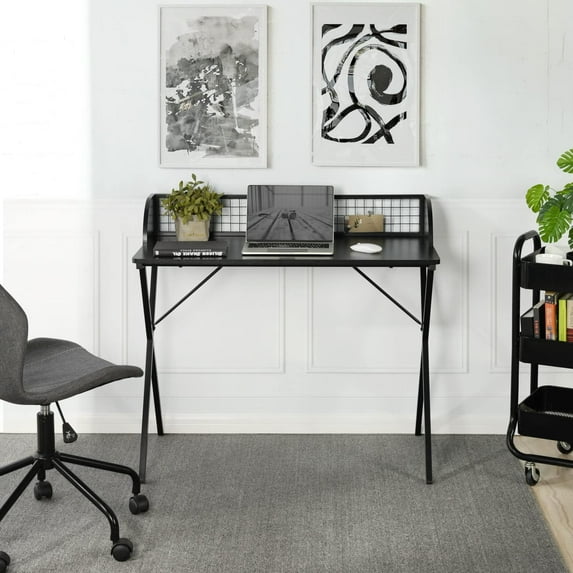 Homylin 47-inch Compact Home Office Desk, Study Desk with Iron Mesh Baffle, Pc Laptop Workstation Saving-Space Small Space, Black