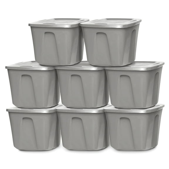 Homz 10-Gal Heavy Duty Plastic Bins with Lids, Titanium Silver (8 Pack)