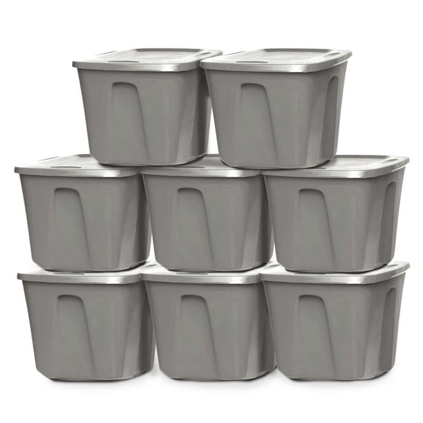 Homz 10-Gal Heavy Duty Plastic Bins with Lids, Titanium Silver (8 Pack)