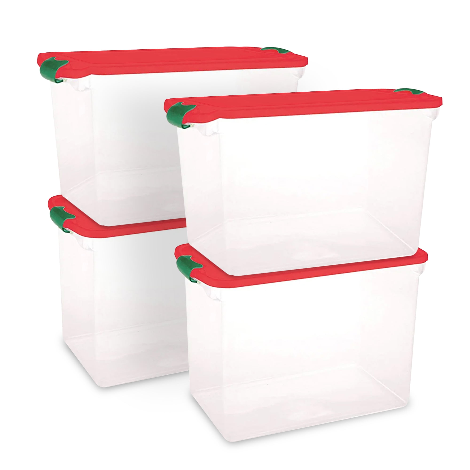 112 Quart Clear Plastic Stackable Holiday Storage Boxes with Red Lids, 4 Pack