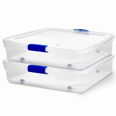 Homz 14 Gallon Latches Plastic Storage Tote, Blue and Clear, 2 Count