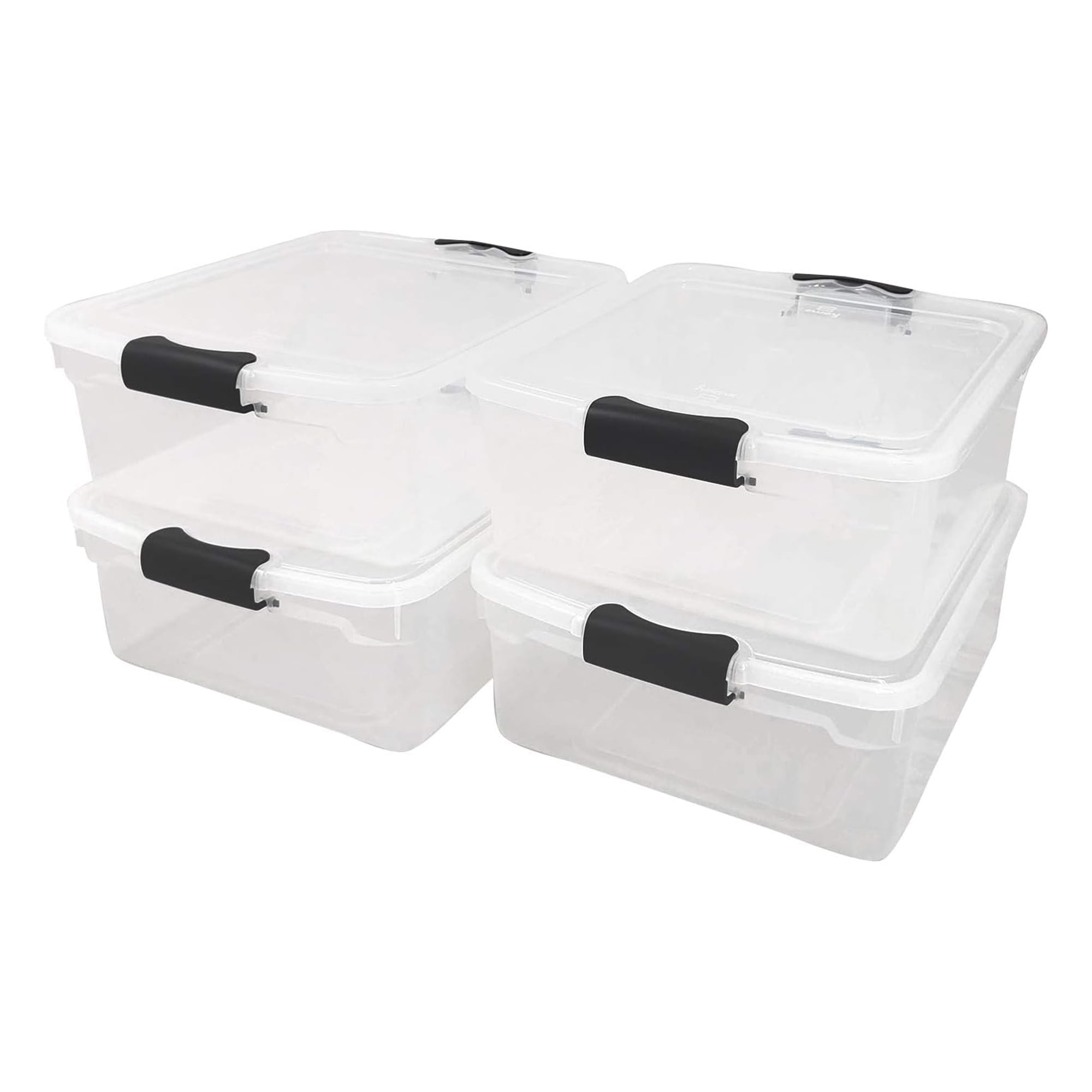 Clear Stackable Plastic Storage Bins with Black Lids, 15.5 Quart, Set of 4