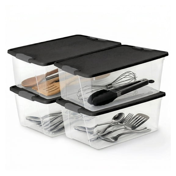 Homz 15 Qt Stackable Plastic Storage Container w/Snaplock Lid, Gray(4 Pack)
